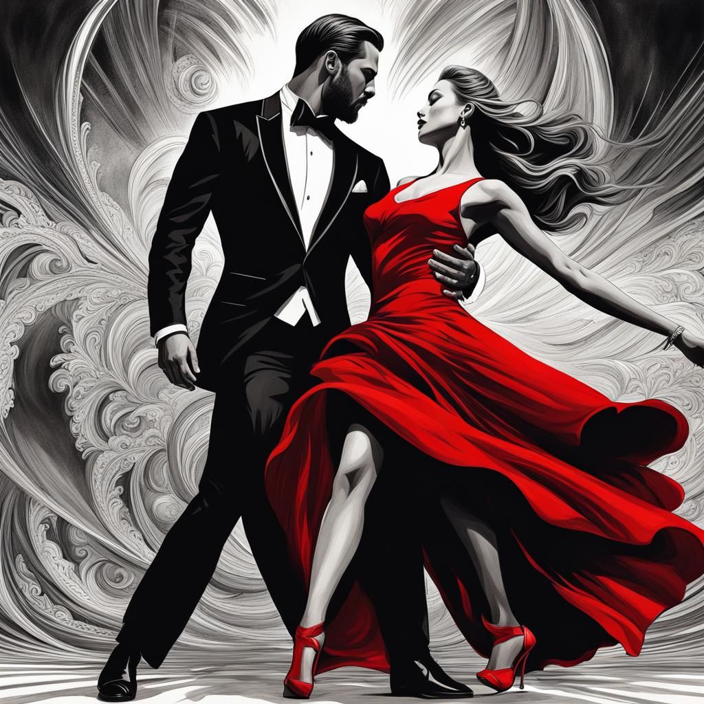 Passionate Tango Dance in Black and White with Red