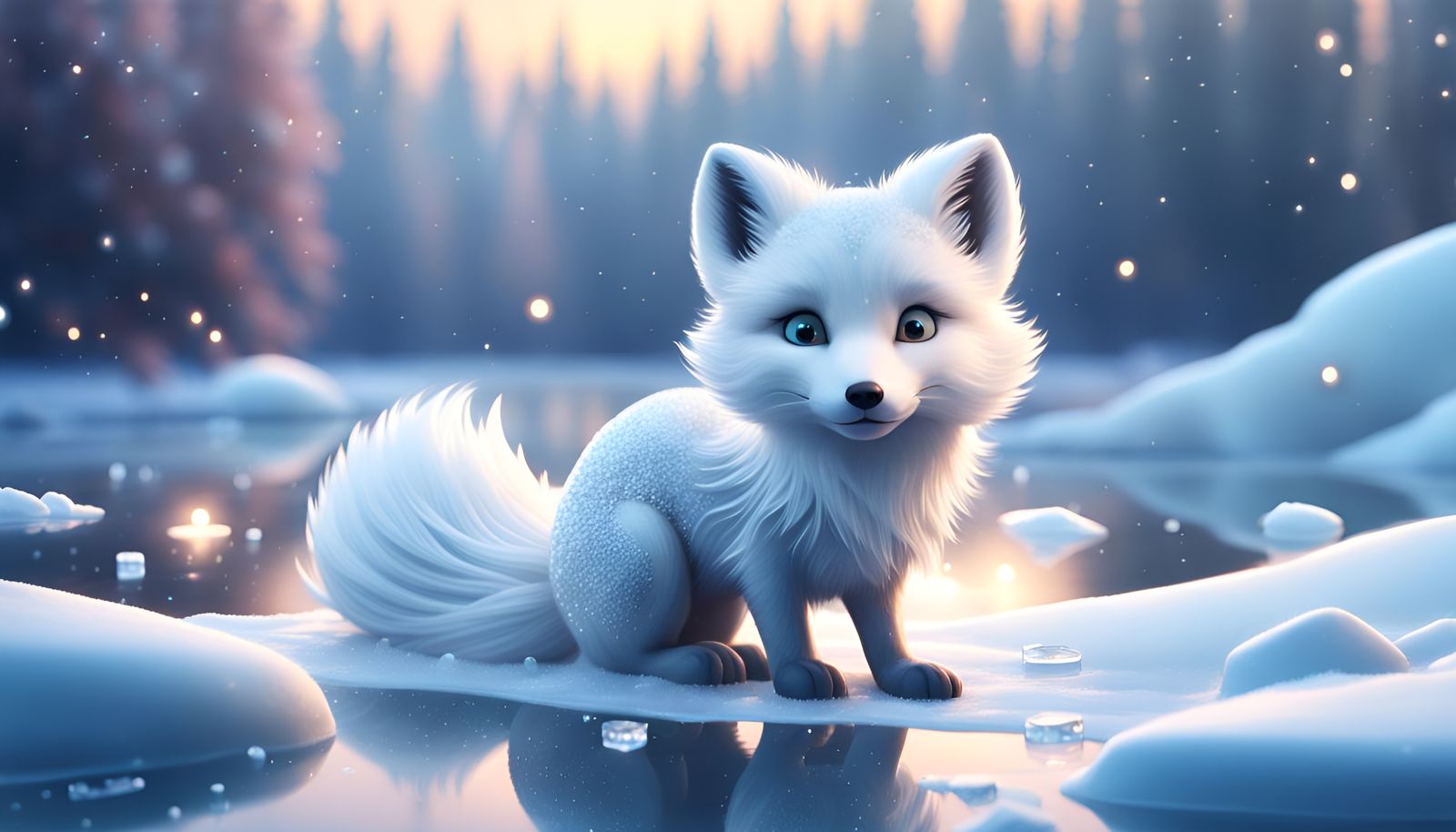 Cute Arctic Fox in Sparkling Winter Landscape