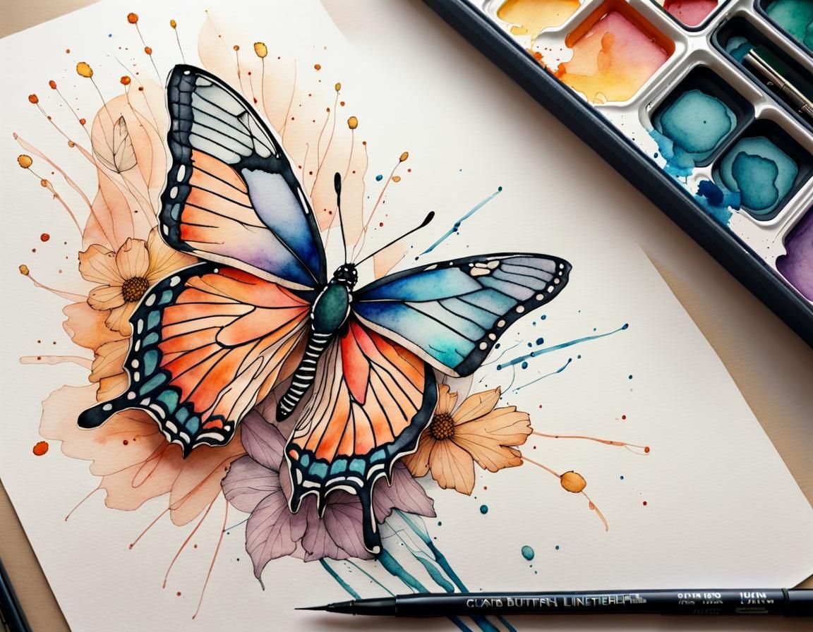 Butterfly Lineart with Watercolor and Ink Details
