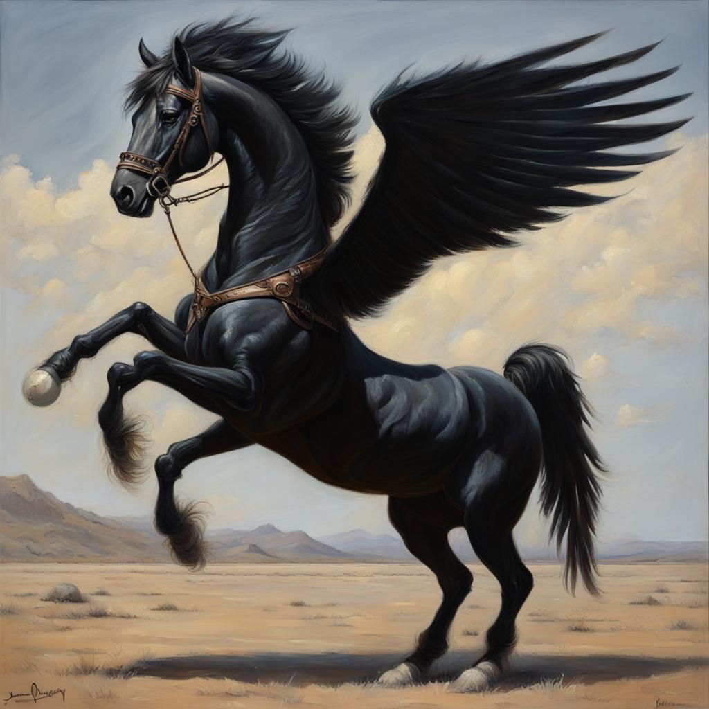 Majestic Black Pegasus in Oil Painting Style