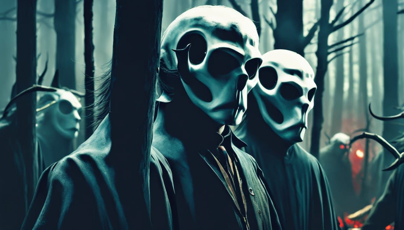 Ominous Figures in Dark Forest Oil Painting