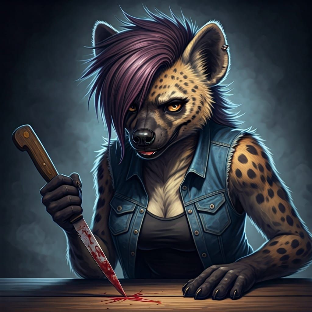 She-Hyena with Knife, Charcoal Etching Style