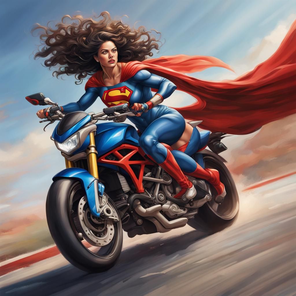 Superheroine on Sports Bike: Hyperrealistic Splash Art