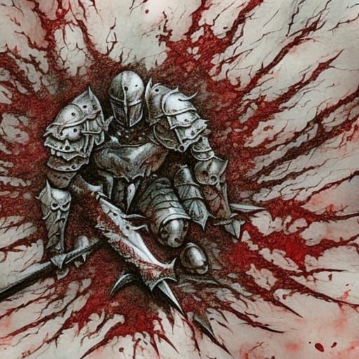 Fallen Knight on Bloody Battlefield: Detailed Ink Drawing