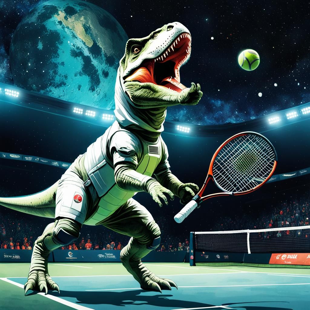 T-Rex Astronaut Plays Tennis in Space Watercolor