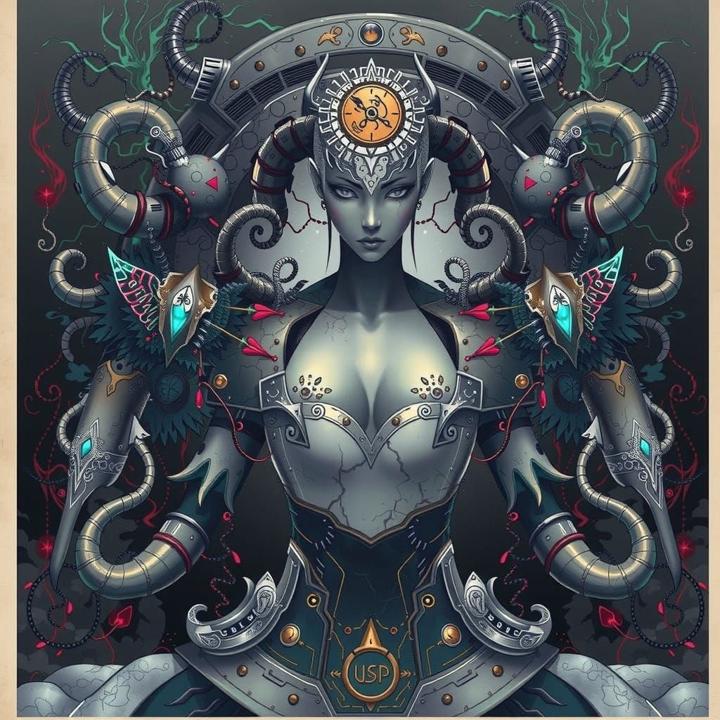 Cyberpunk Sorceress in Whirling Mist