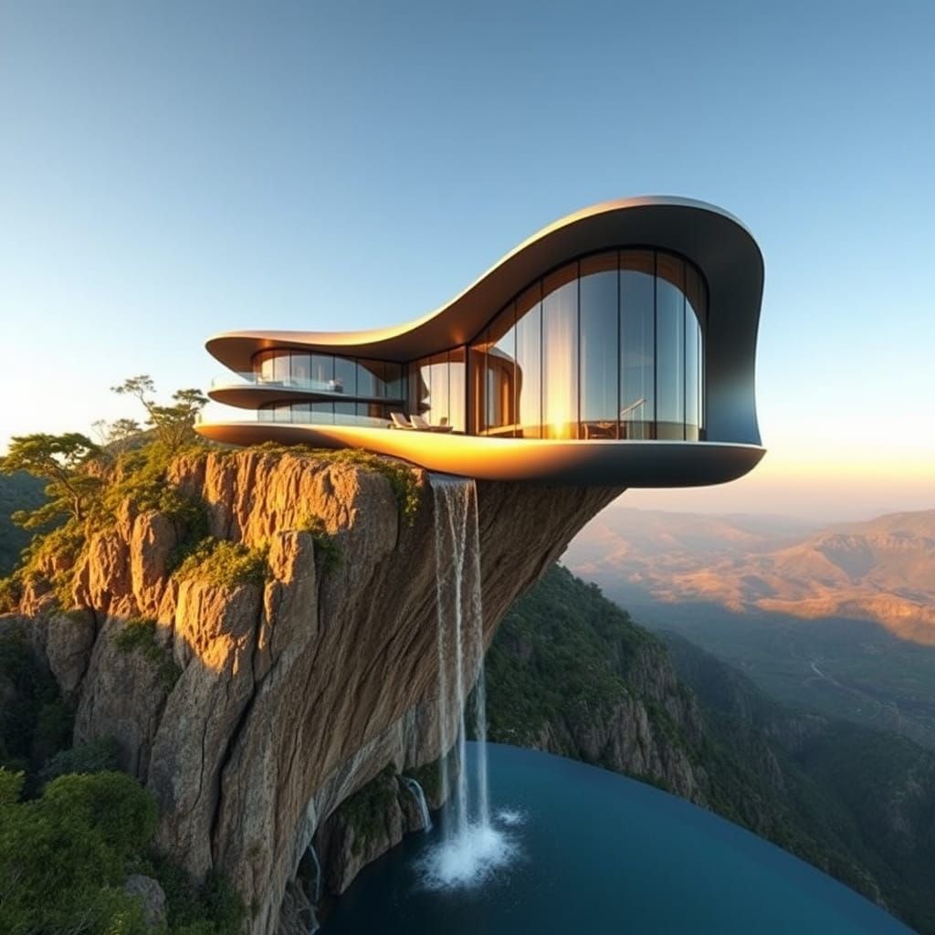 Surreal Futuristic Cliffside Oasis in a Lush Paradise