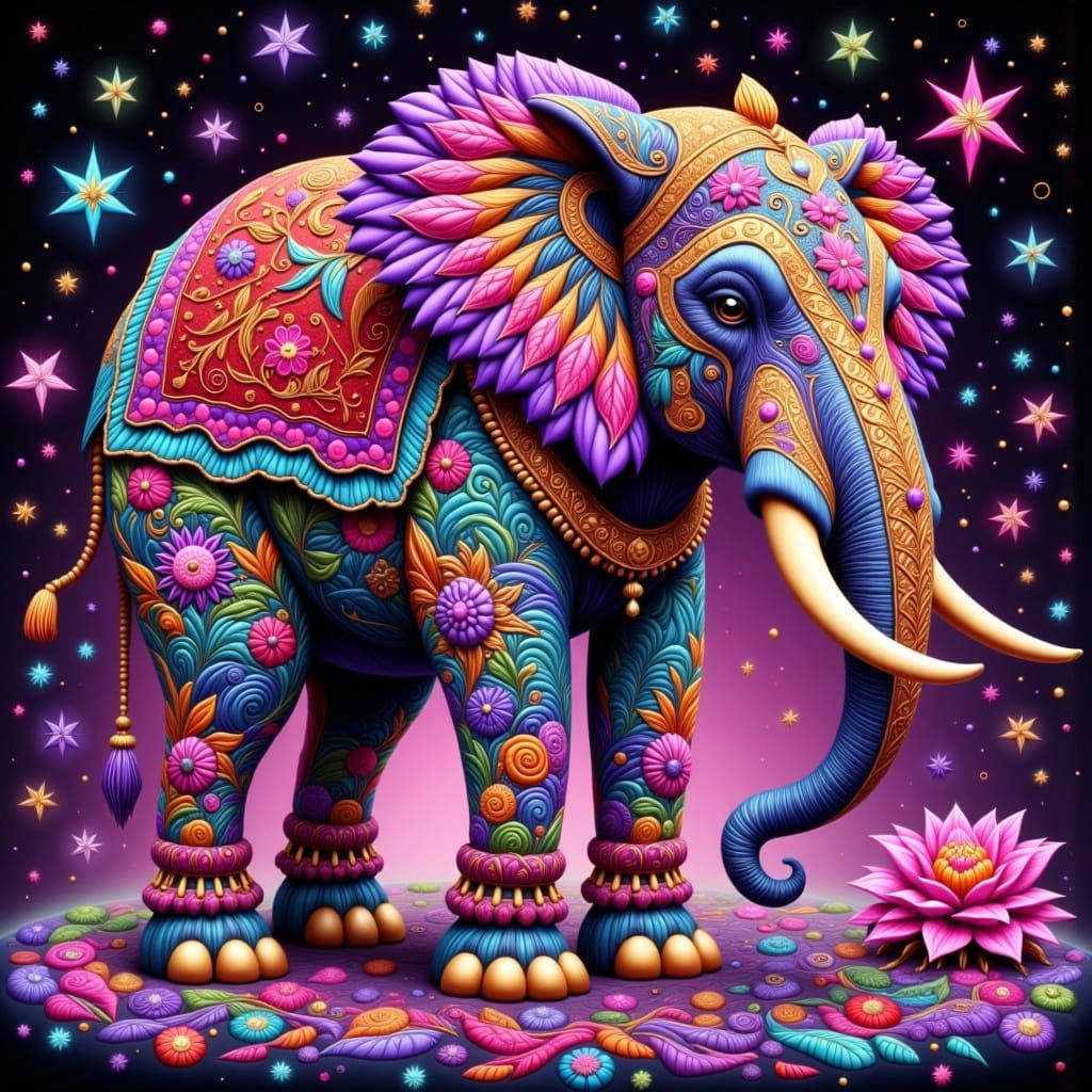 Vibrant Purple Elephant Mandala Art with Indian Jewelry