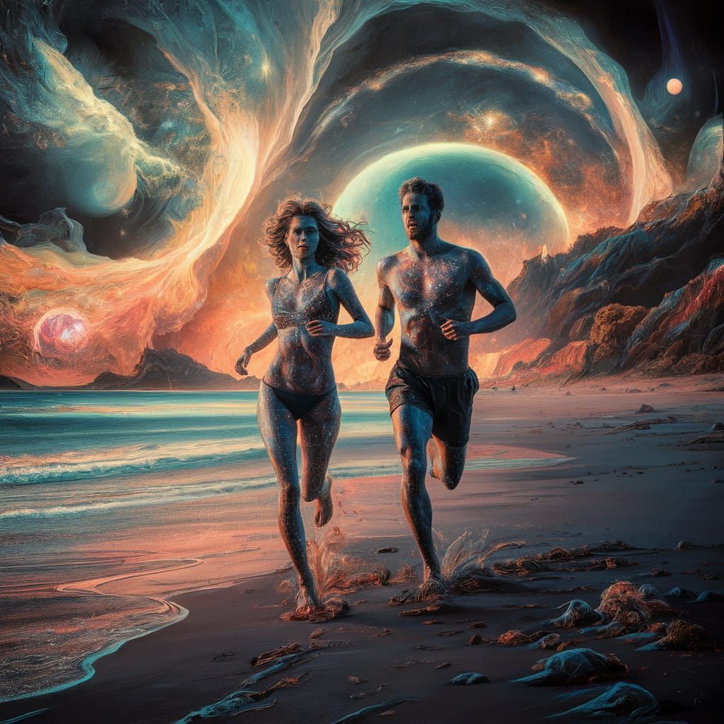 Cosmic Couple Running on Beach, Holographic Astral Illustrat...