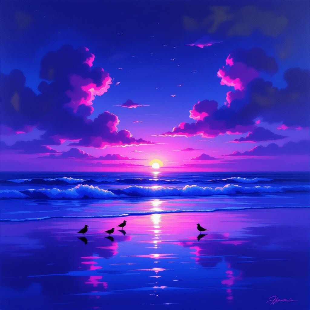 Neon Seascape at Nightfall in Expressive Oil Style