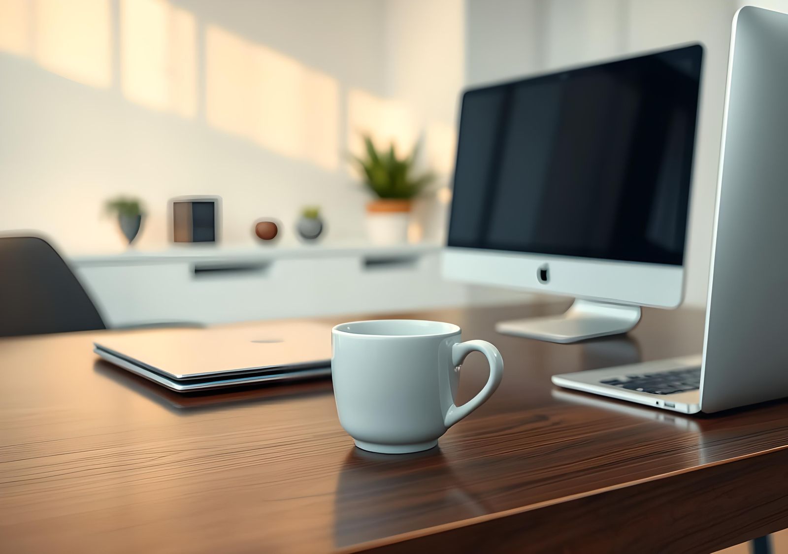 Coffee Cup and Computer in Clean Office