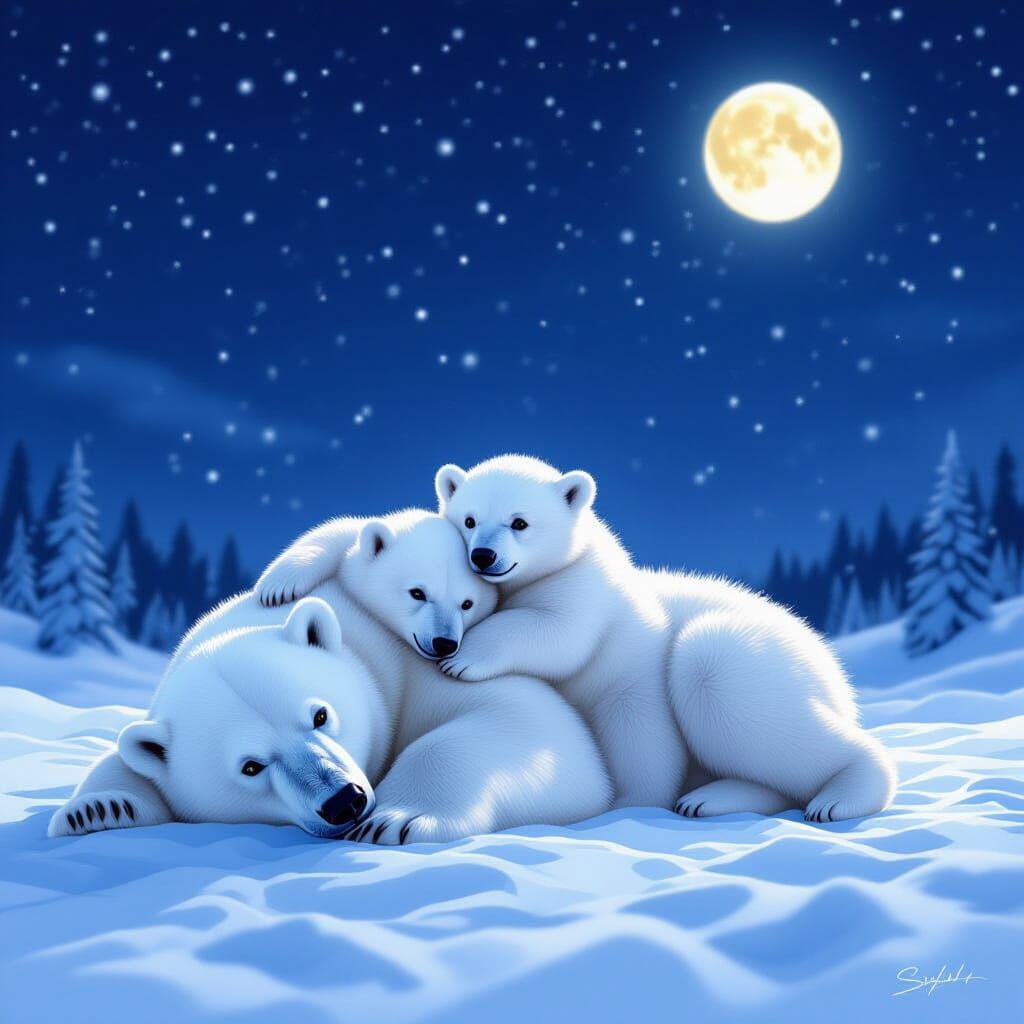 Photorealistic Polar Bear Family Under Starry Sky