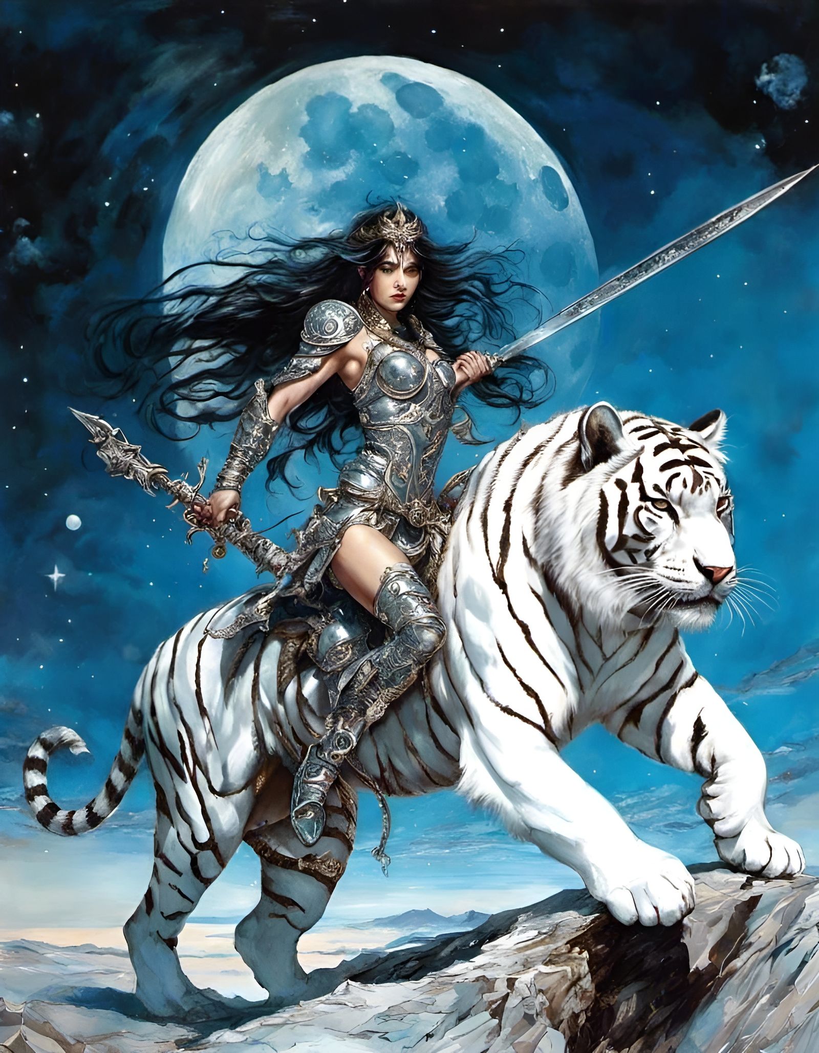 Moon Princess Mirana on White Tiger, Gothic Art