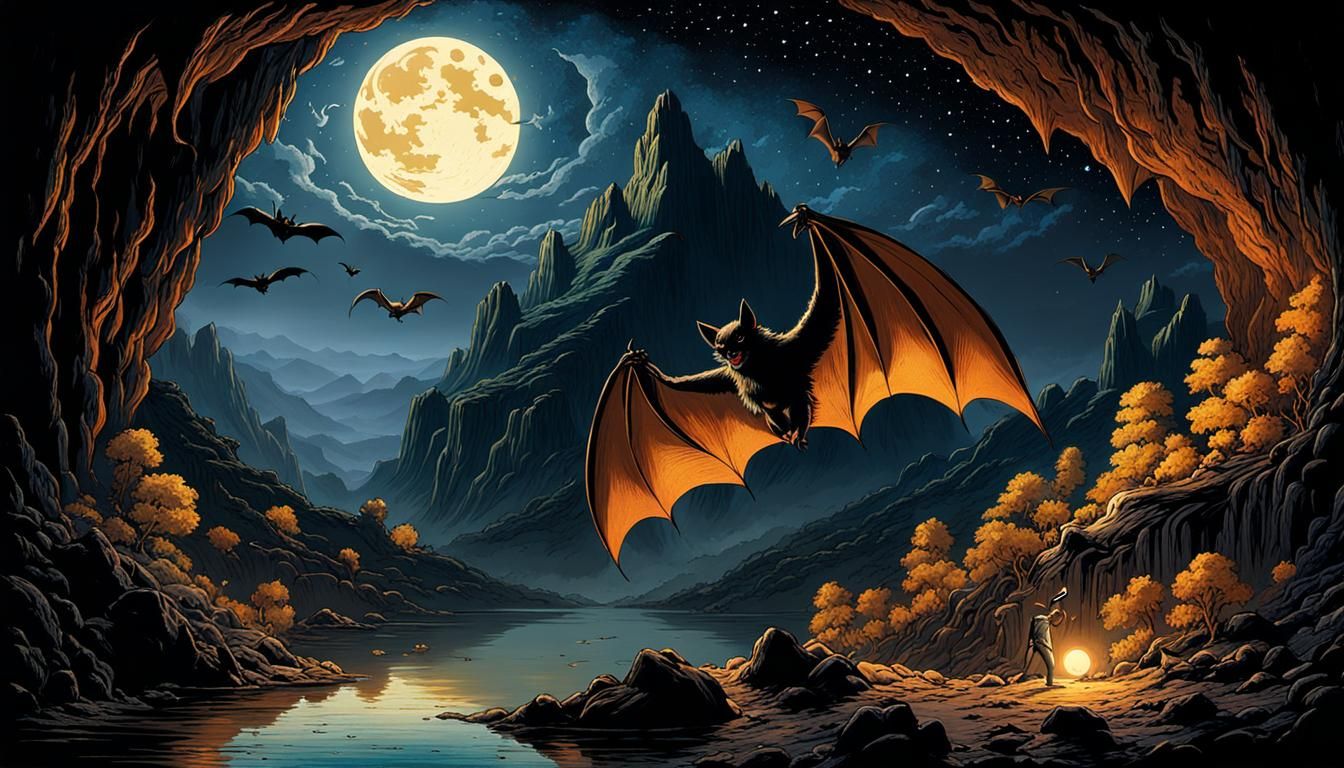 Bats Soaring from Cave in Starry Night
