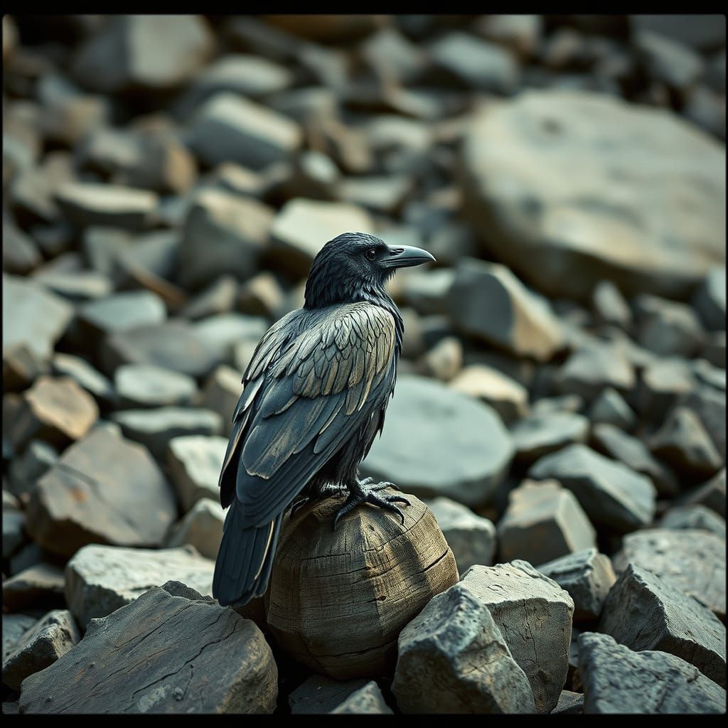 Dramatic Wooden Raven Sculpture on Rocks