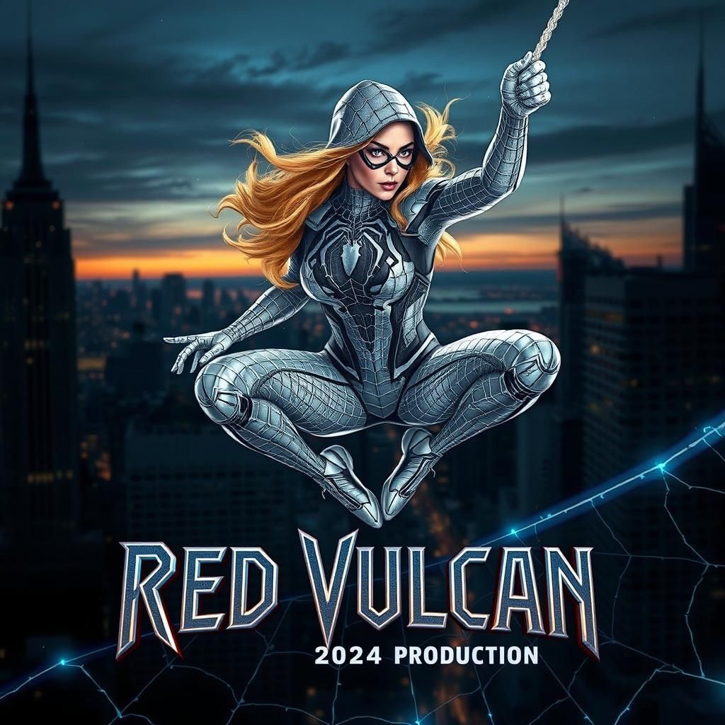 Gwen Stacy, the dynamic Ghost-Spider,  poised mid-web-swing.