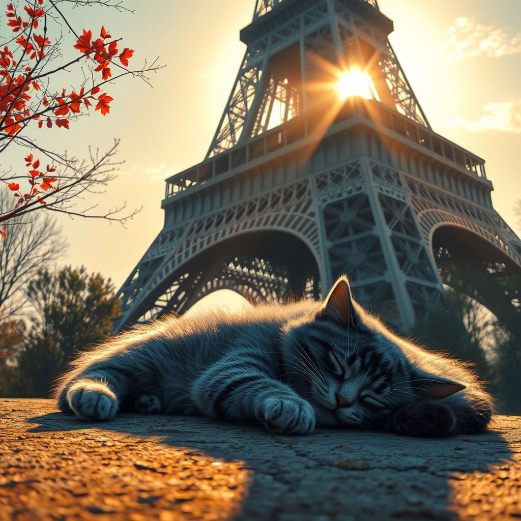 Peaceful Cat Basks in Sunrise Light under Eiffel Tower