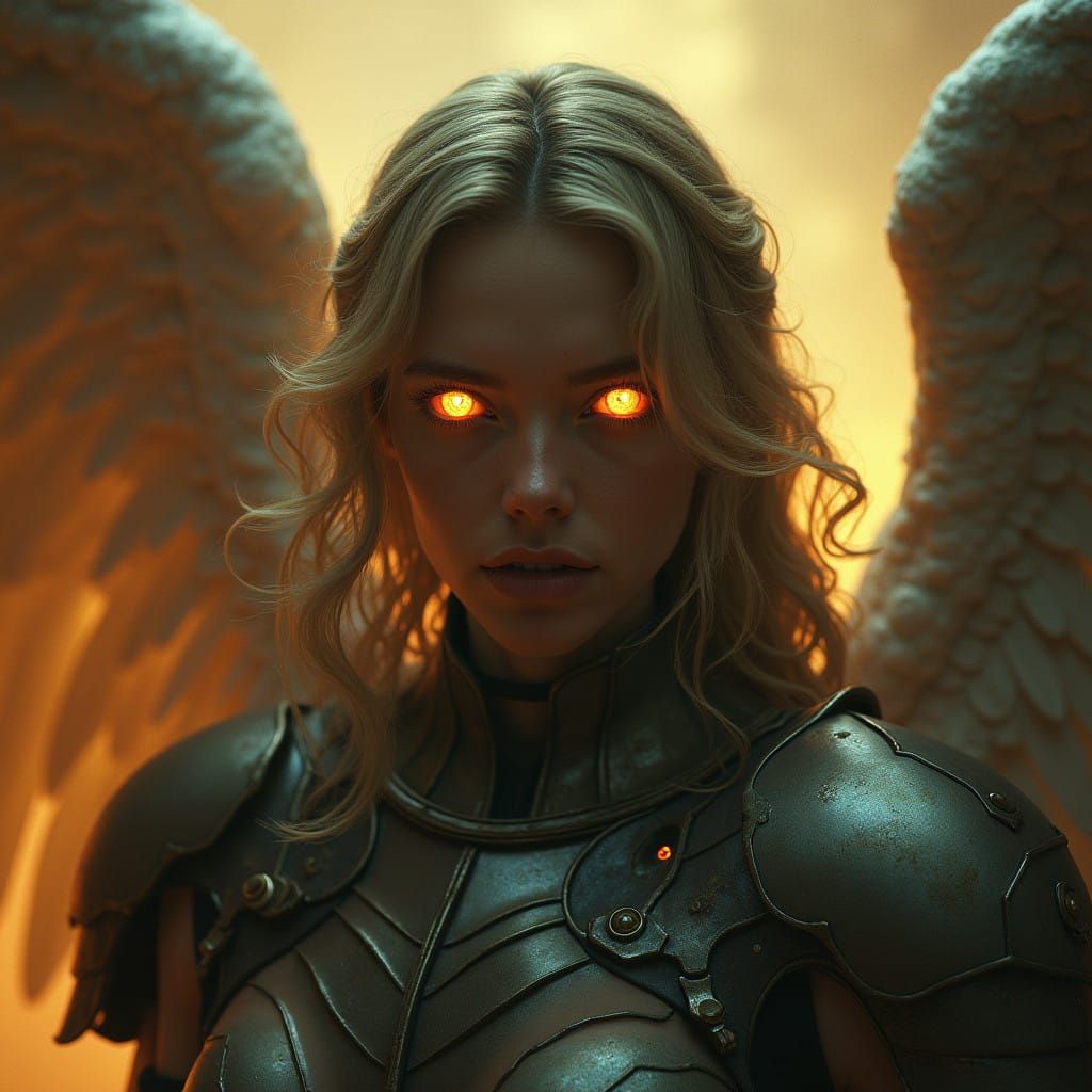 Armored Angel Unveils Heaven's Splendor in Her Piercing Gaze