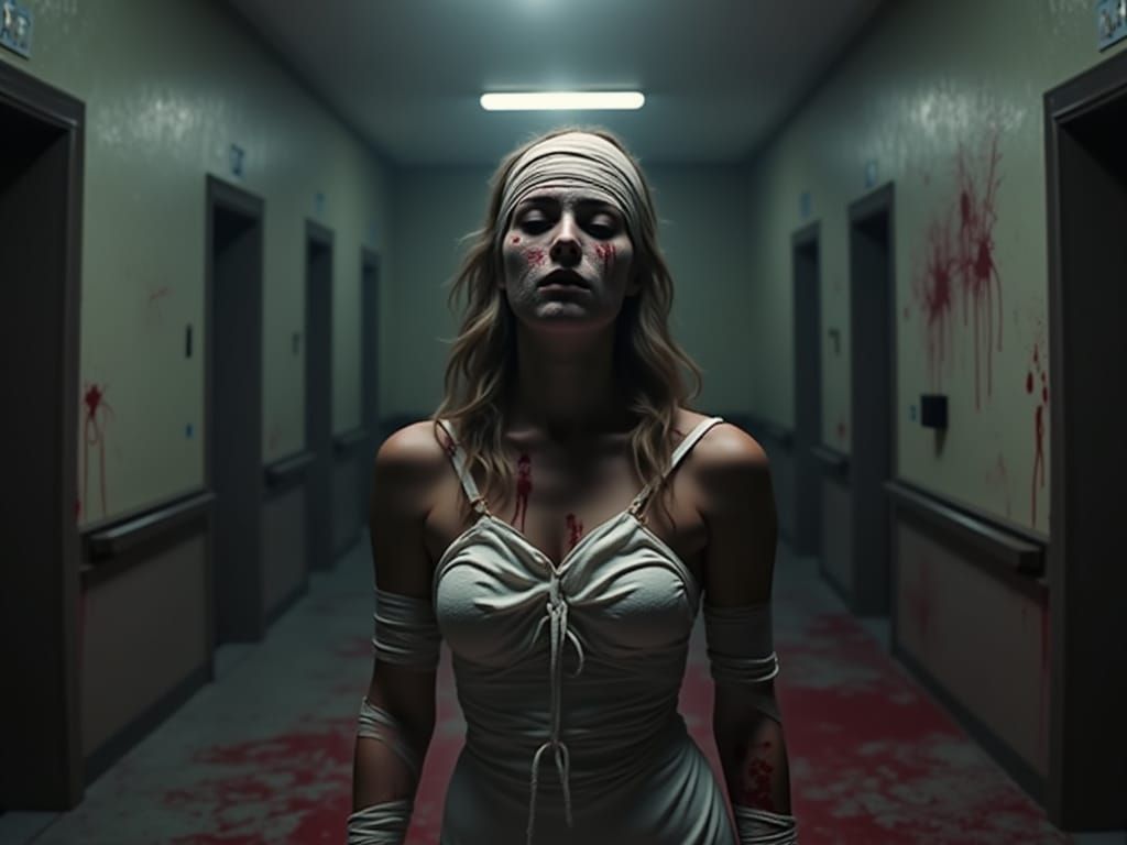 Horrifying Bloody Nurse with Bandages in Silent Hill Style