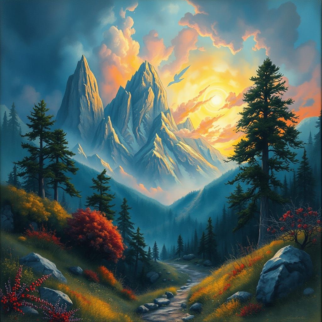 Ethereal Landscape Charcoal Drawing in Impressionist Style