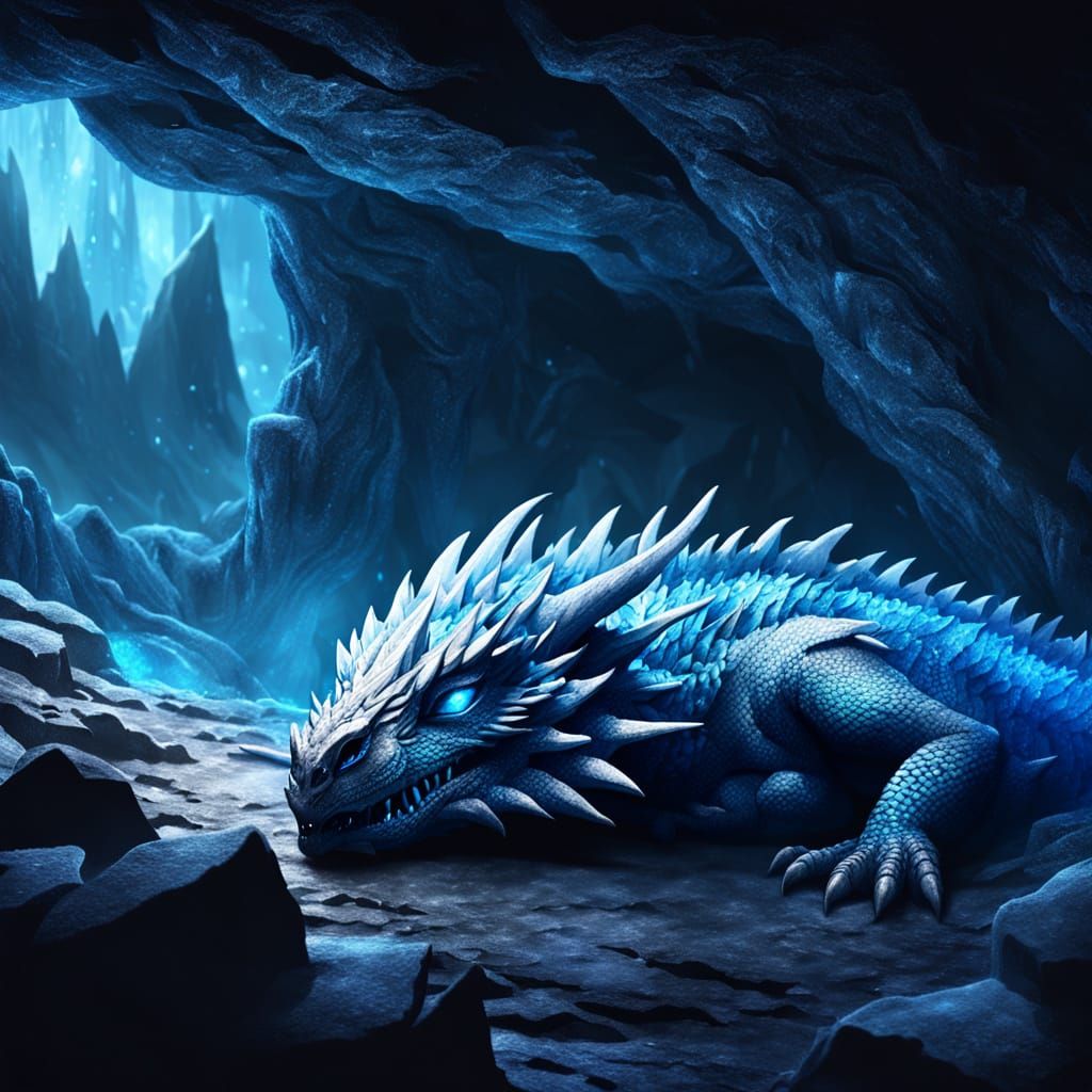 Sleeping Ice Dragon in Mystical Cave