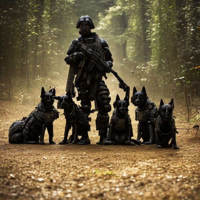 Armored Cyborg Dogs in Dark Fantasy Forest