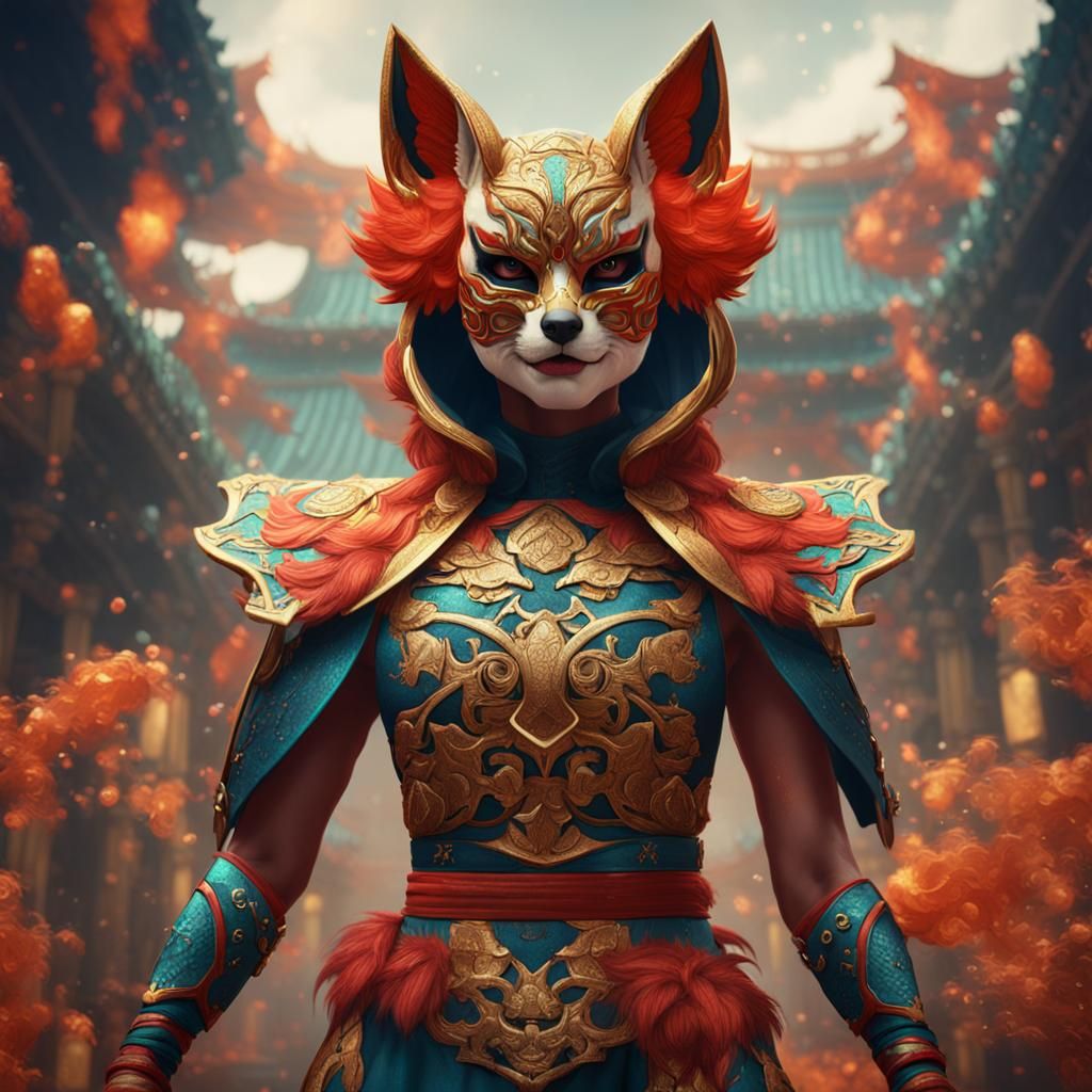 Female Kitsune Luchador in Detailed Digital Painting