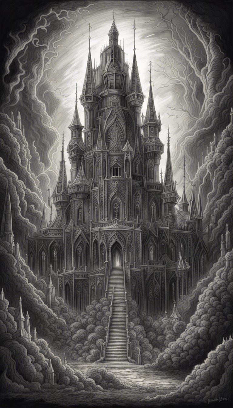 Crystal Castle: Synthwave Neon Retro Horror Charcoal Art