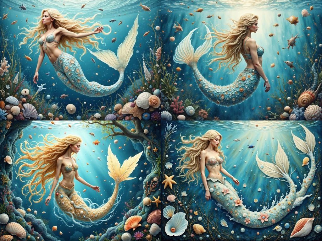 Whimsical Mermaid in Serene Underwater Scene, Inspired by Ra...