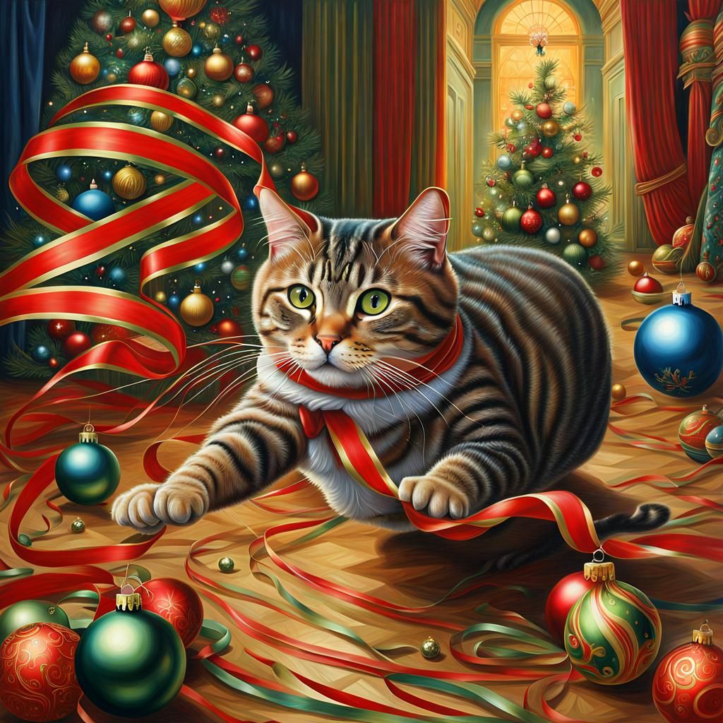 Anthropomorphic Cat's Christmas Ornament Chase: Fantasy Art