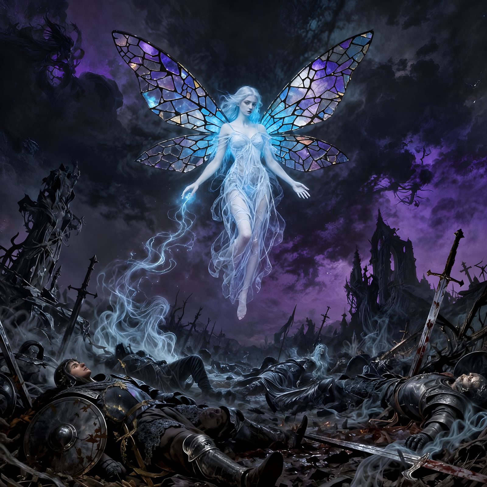 Spectral Fairy Queen Over Dark Battlefield