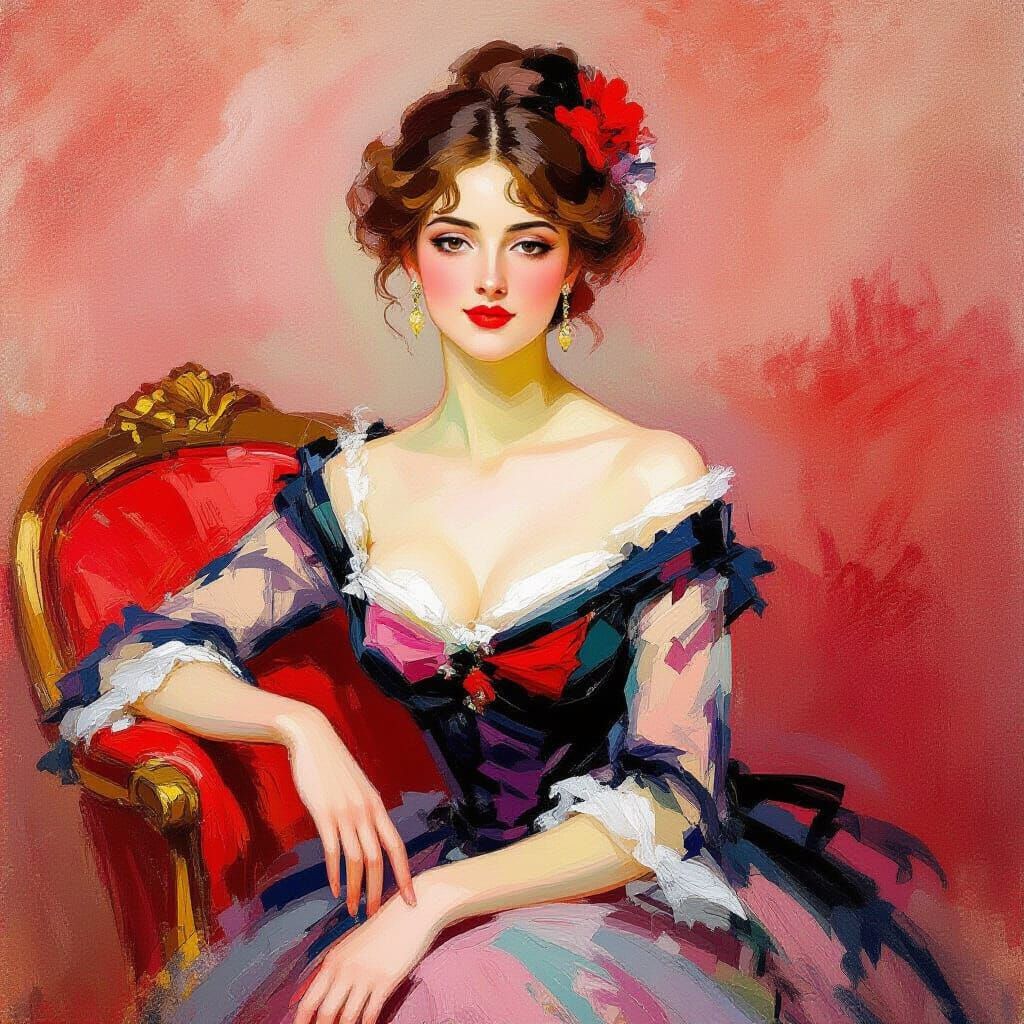 Elegant Woman in Red, Impressionist Painting