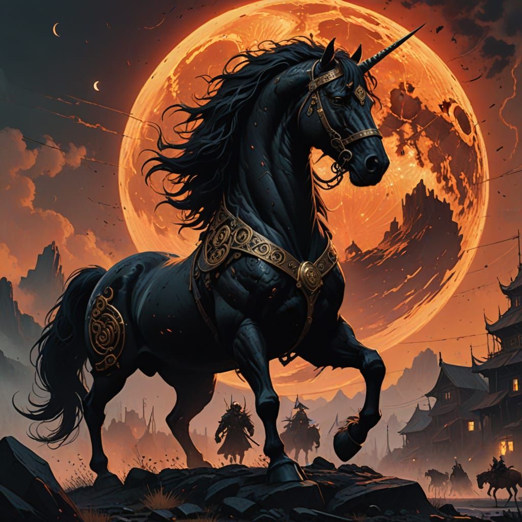 Majestic Black Unicorn Under Blood Moon, Post-Apocalyptic