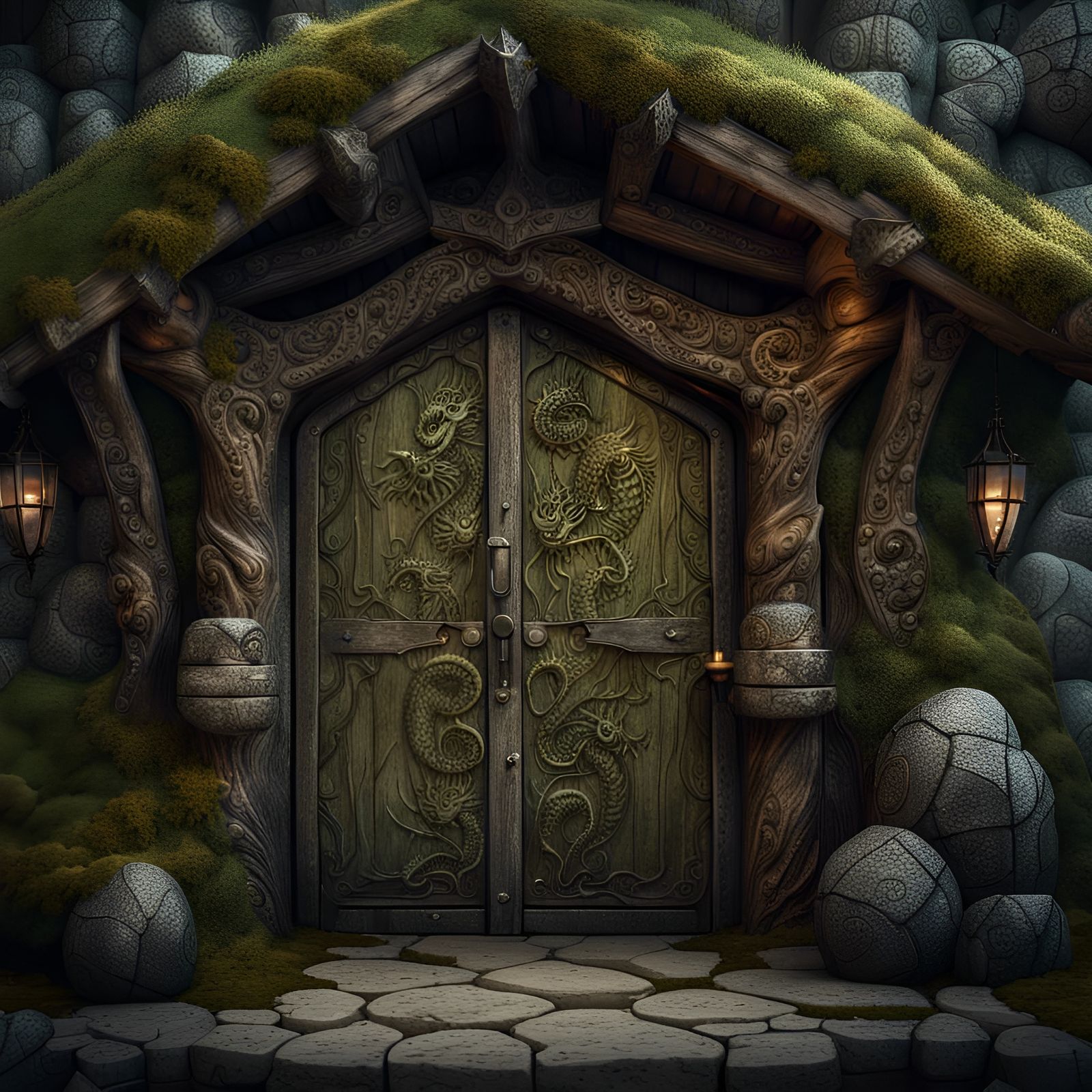 Enchanting Medieval Fantasy Shop with Dragon Carvings
