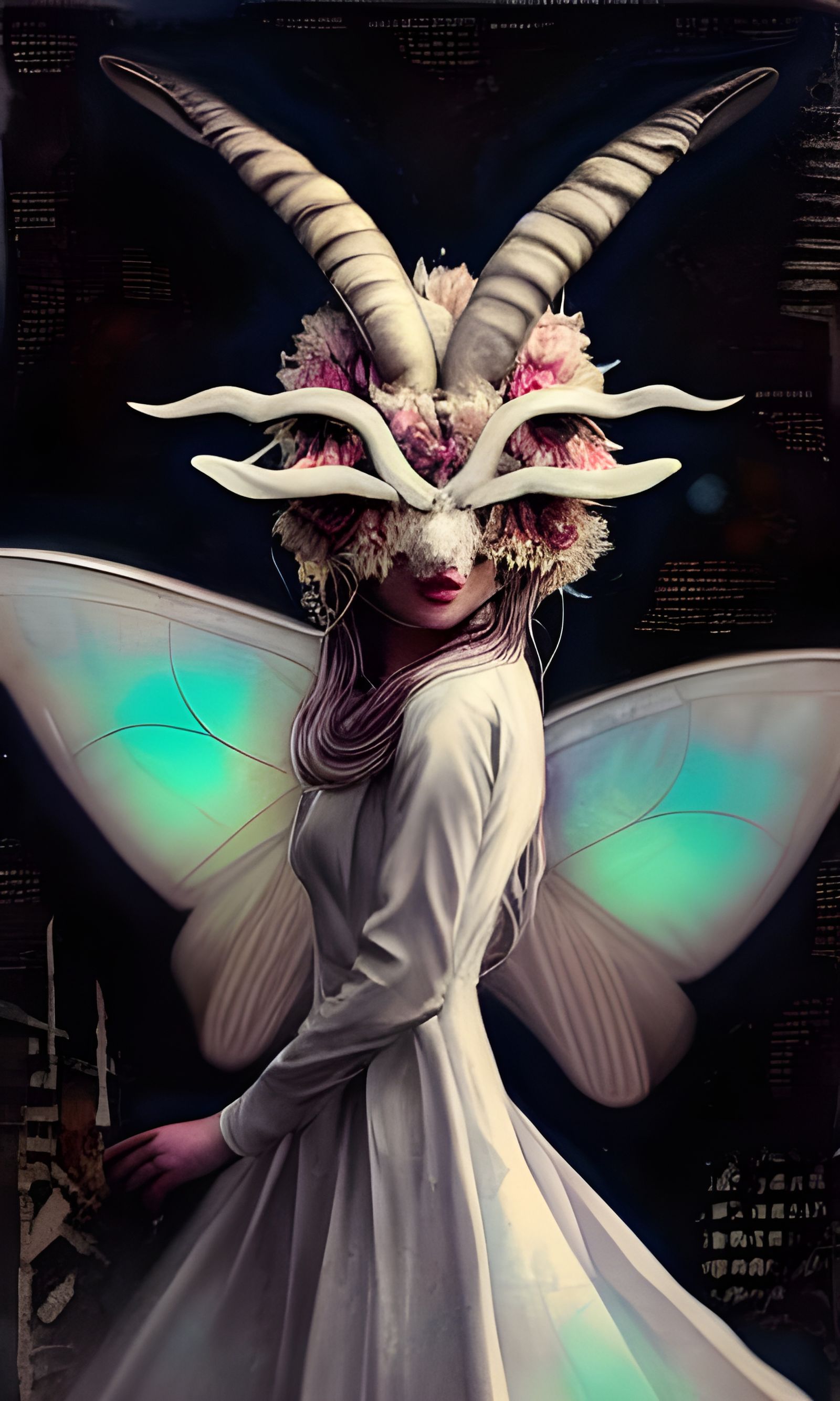 Moth Goat in White Gown: Intricate Digital Art