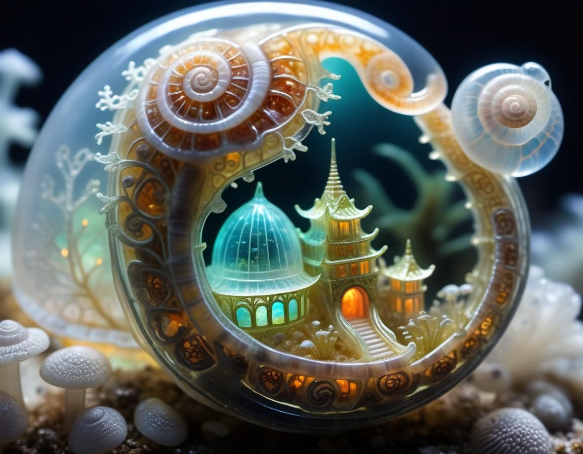 Miniature Asian Palace Inside Crystal Snail Shell