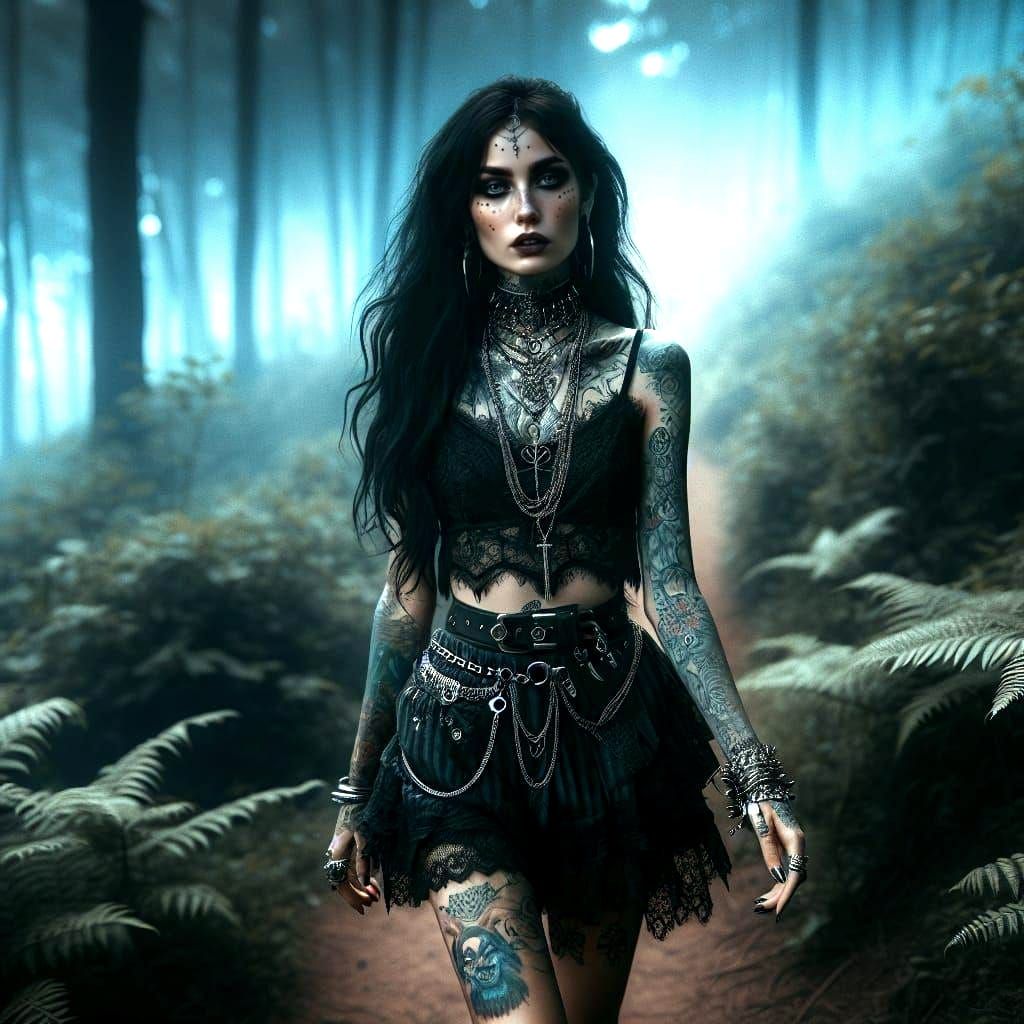 Goth Woman in Hazy Forest: Romanticism Oil Painting