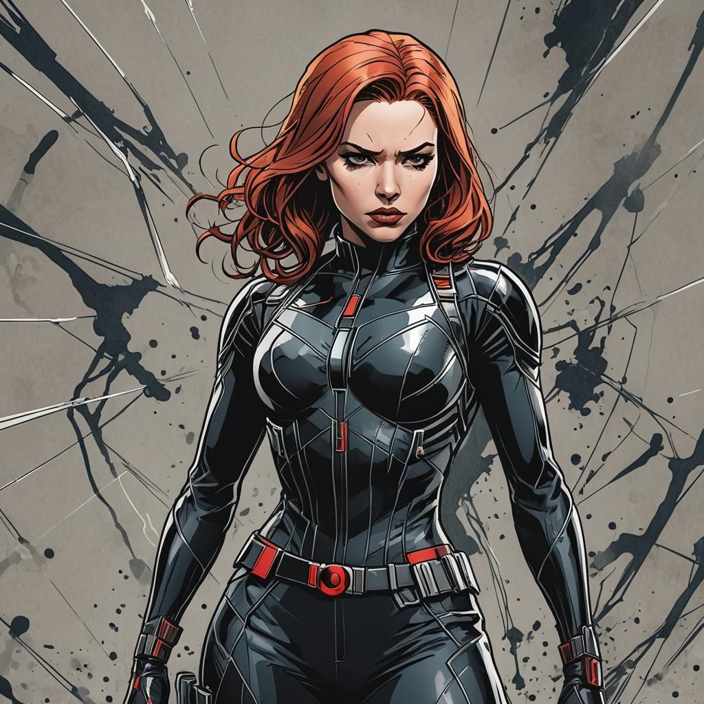 Black Widow Illustration in Cel-Shading Inkpunk Style