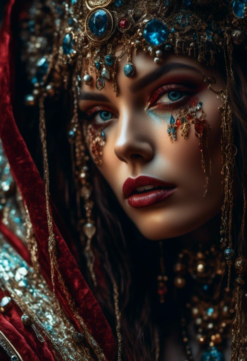 Hyperrealistic Sorceress with Glistening Skin and Gems