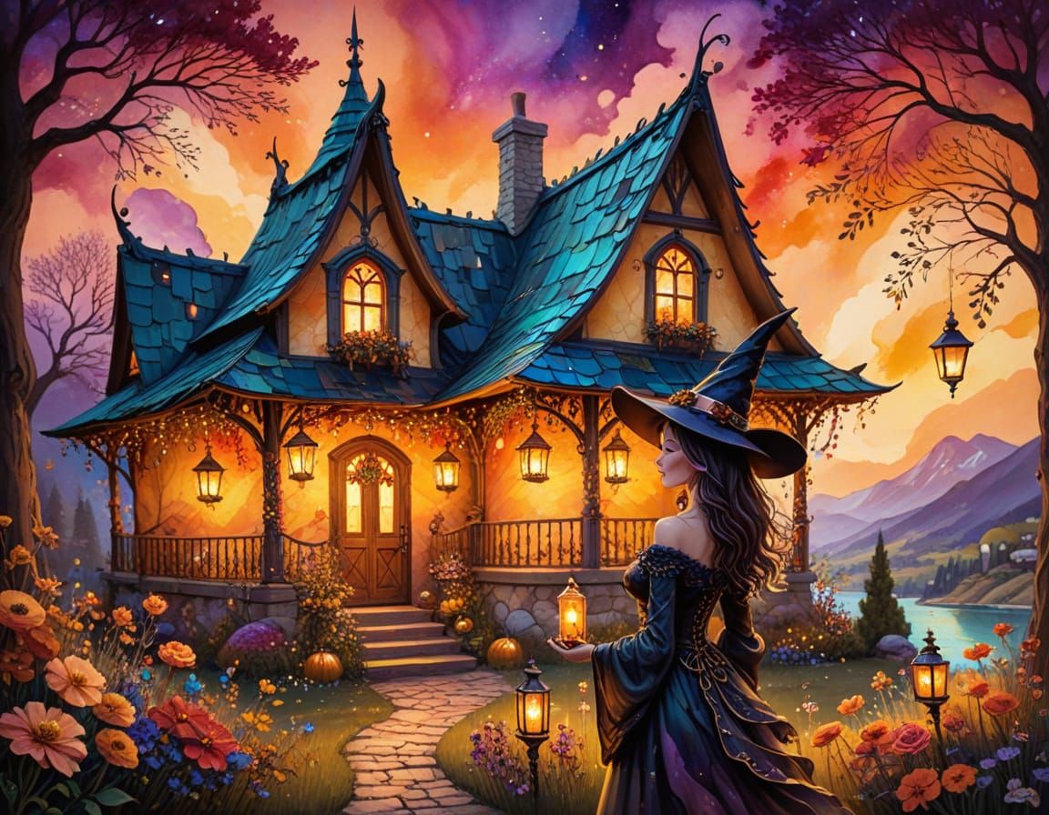 Friendly Witch With Glowing Lanterns In Whimsical Art Style
