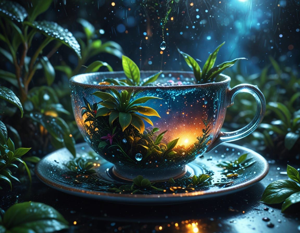 Exotic Plants Overflowing Teacup in Space: Surreal Oil Paint...