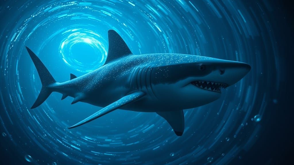 Gigantic Great White Sharks in Ethereal Bioluminescent Vorte...