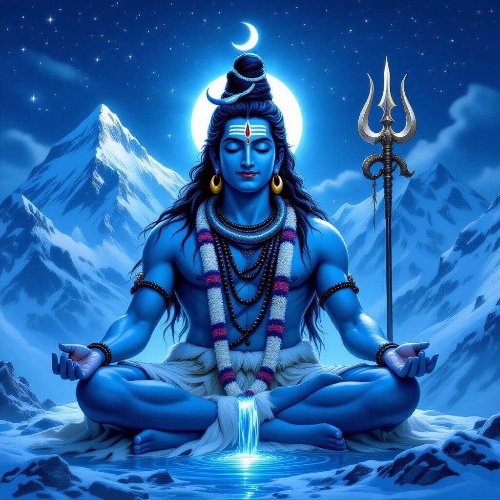 Lord Shiva Meditating on Mount Kailash Under Starry Night