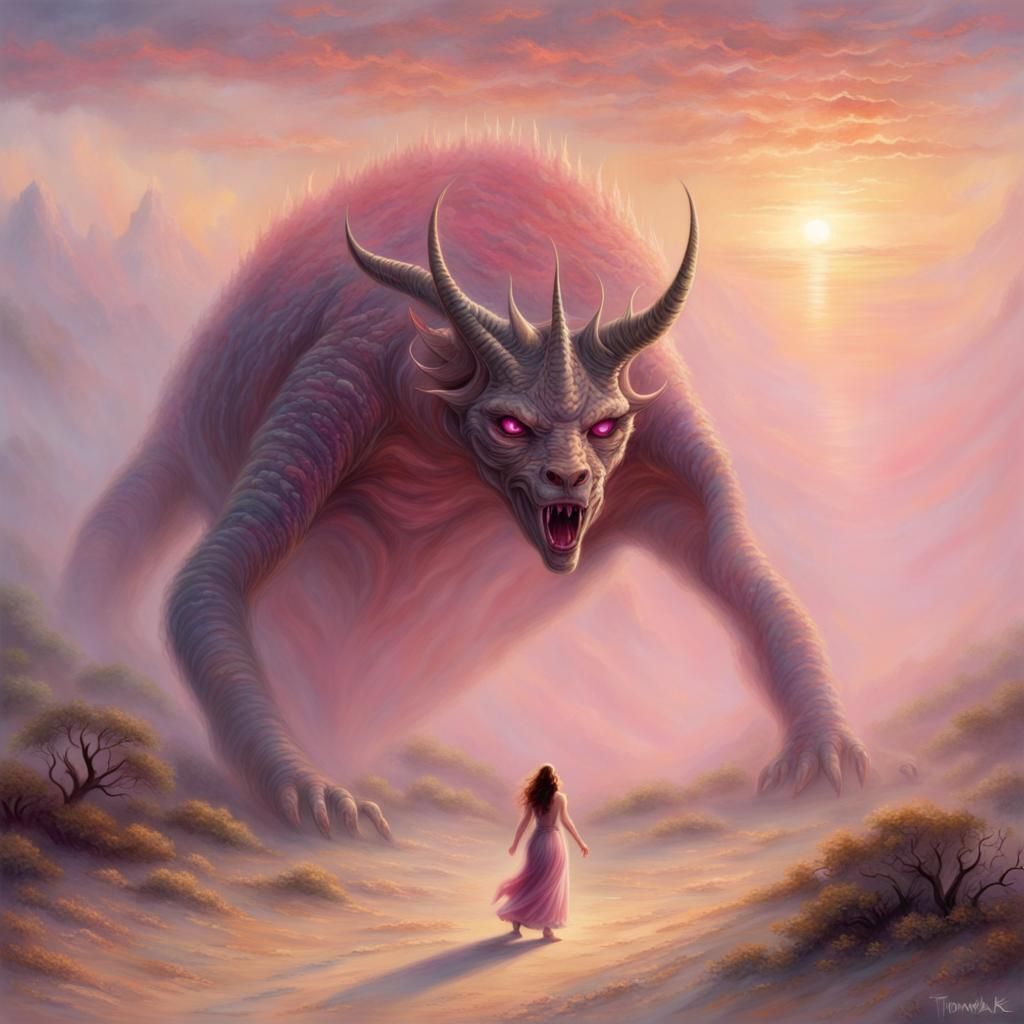 Female Hell Monster Walks at Desert Sunrise