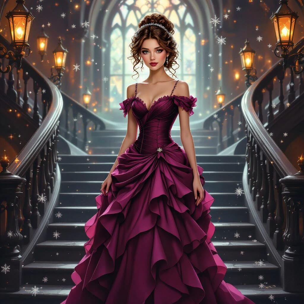 Elegant Witch Descends Grand Staircase in Magical Ballroom