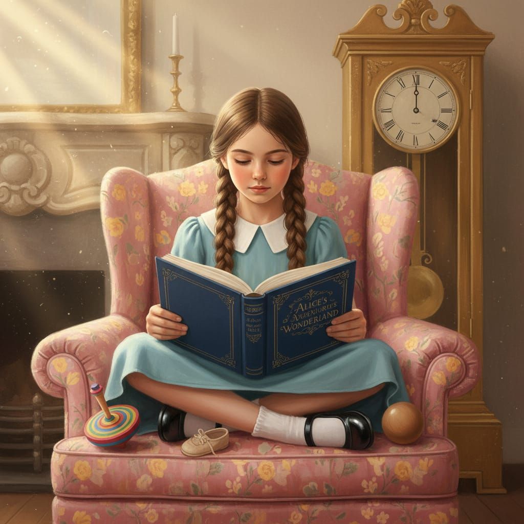 Girl Reads Alice in Wonderland in Vintage Armchair