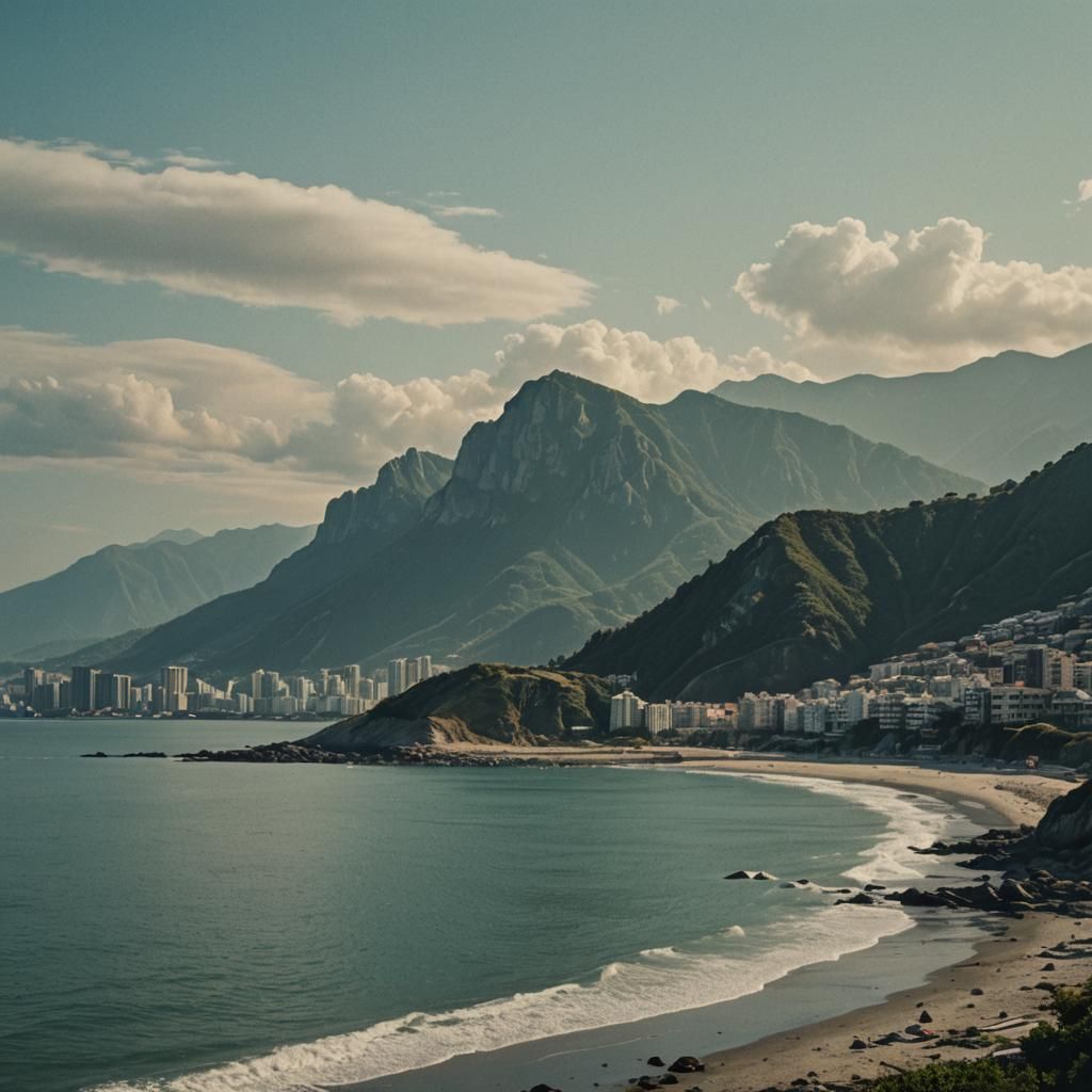 Coastal Cityscape with Mountain Backdrop: Cinematic Still