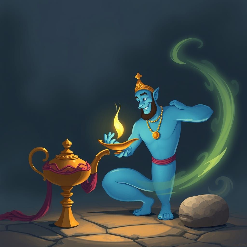 Mystical Genie Beside Ancient Lamp
