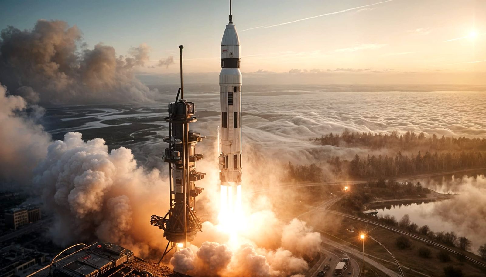 Saturn V Rocket Launch at Dawn: Photorealistic