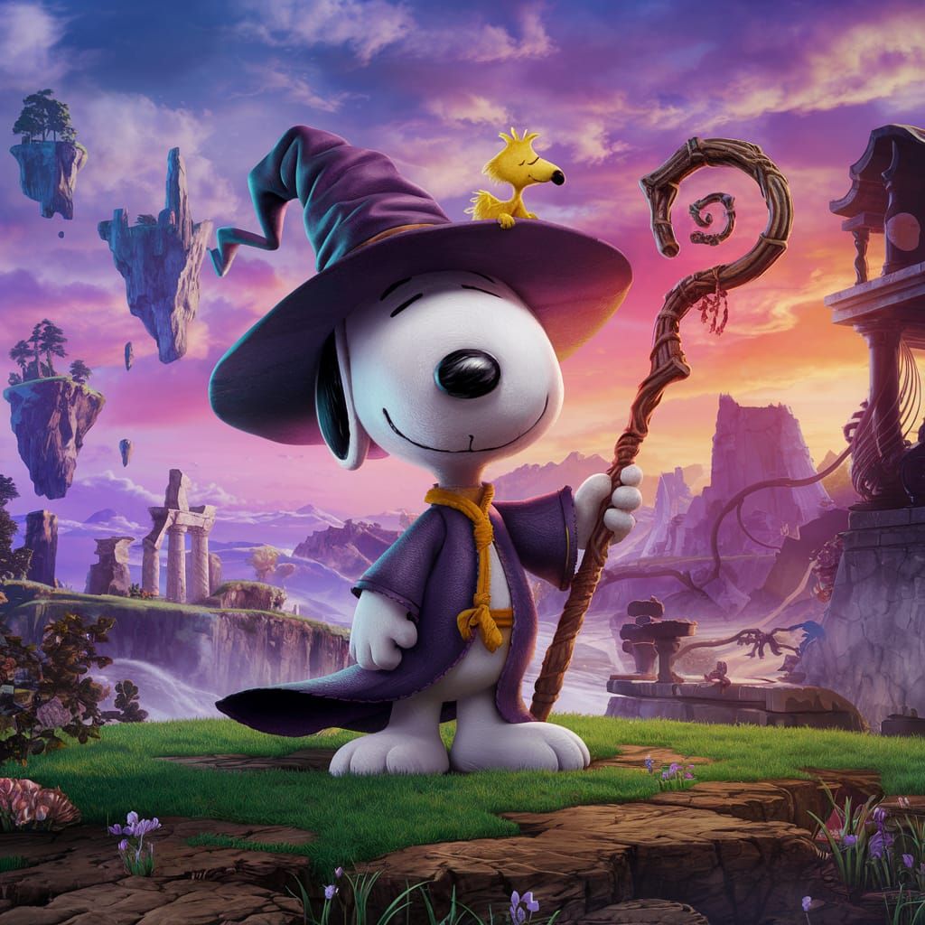 Snoopy and Woodstock in a Magical Landscape